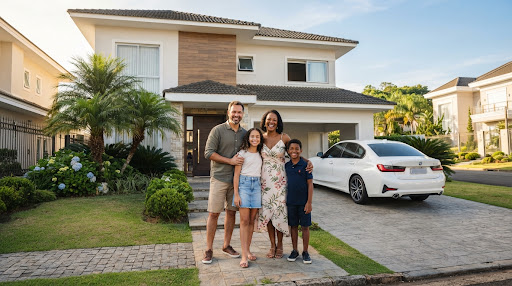 Happy family in front of house